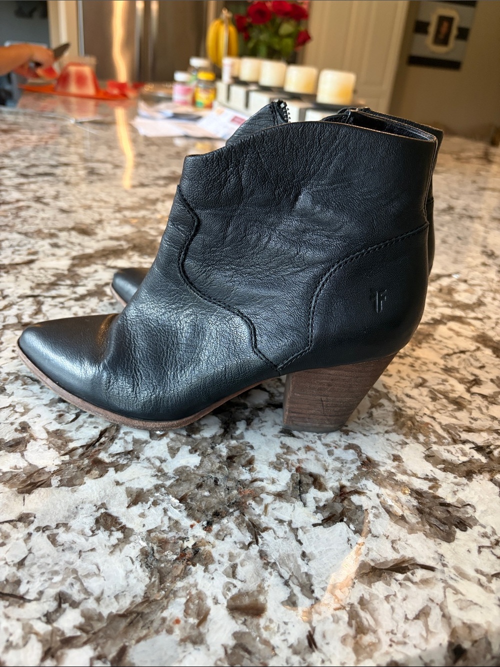 Black Leather Ankle Bootie with Block Heel